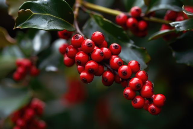 Close-up shot of vivid red berries on an evergreen shrub, showcasing natural outdoor beauty. Ideal for use in botanical publications, gardening blogs, nature-themed websites or fall decorations. Captures the essence of autumn with its rich colors and striking details of the berries and leaves.