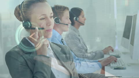 Team Wearing Headsets Amid Digital Interface Animation