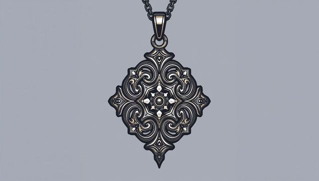 Ornate antique-inspired silver filigree lozenge pendant with gem accents on neutral gray