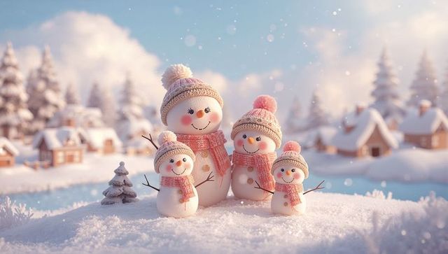 Snowman Family Wearing Knit Hats and Scarves on Snowy Hill Overlooking Cozy Village