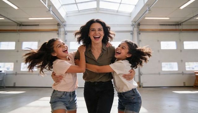 Laughing mother hugging daughters in bright garage with skylight and roll-up doors, family joy