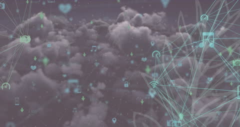 Digital Network Icons Overlaid on Cloudy Sky
