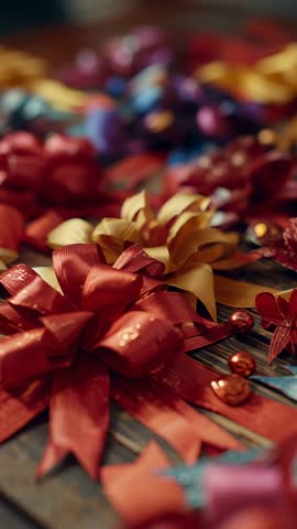 Vertical video pulling focus to gold bow and red ribbon bows on wooden tabletop