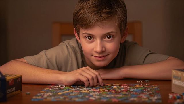 Focused boy assembling colorful jigsaw puzzle on wooden table warm light calm concentration