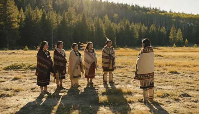Indigenous women standing in sunlit meadow wearing woven shawls and traditional beadwork