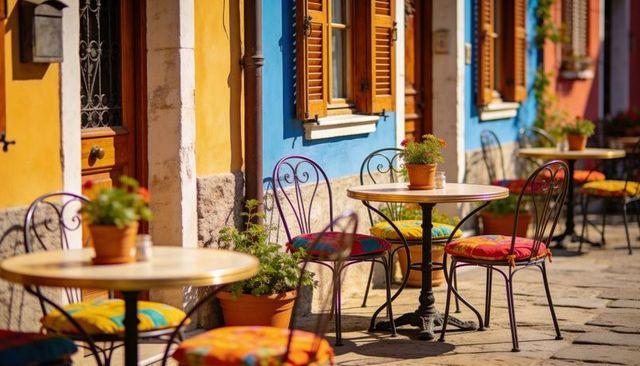 Sunlit european bistro terrace with colorful cushions and terracotta plants on cobblestone