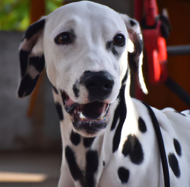 Content depicts a close-up portrait of a happy and playful Dalmatian outdoors. Ideal for use in pet-themed marketing, advertisements for pet products, veterinary services, and animal rescue promotions.