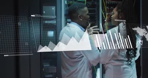 Scientists Analyzing Data in Server Room with Graphical Overlay