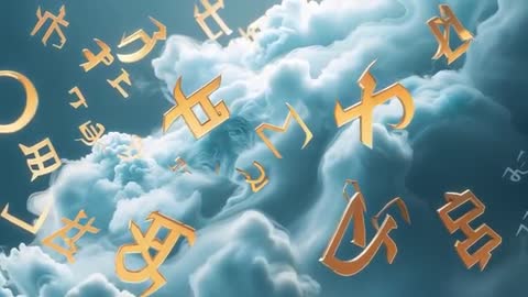 Golden Symbols Floating in Surreal Cloud Landscape