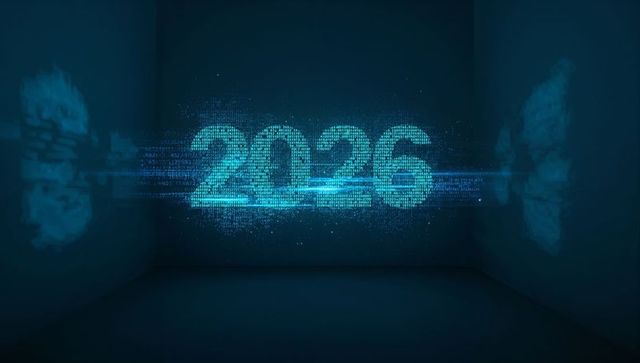 Projecting Holographic 2026 Digits Streaming Cyan Data Across Futuristic Dark Interior