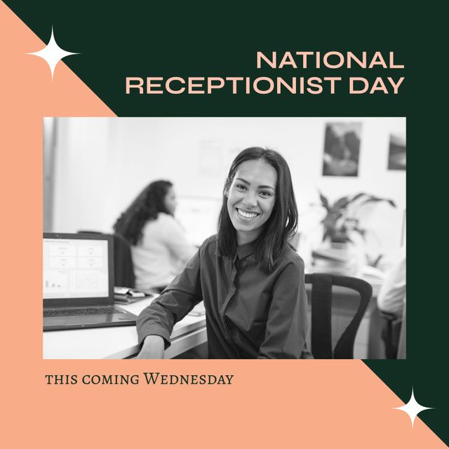 A cheerful receptionist seated at her desk, engaging with tasks on her computer. Perfect for illustrating content about National Receptionist Day, recognition in the workplace, and appreciation for office professionals. Can also be used in career-related articles and promotional materials focused on office life.