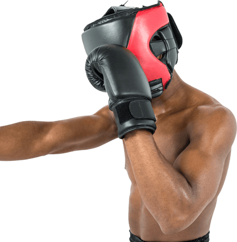 Transparent side view boxer in action wearing gear