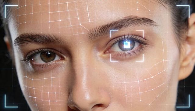 Facial biometric scanning with iris reticle, mesh overlay and ai identity verification