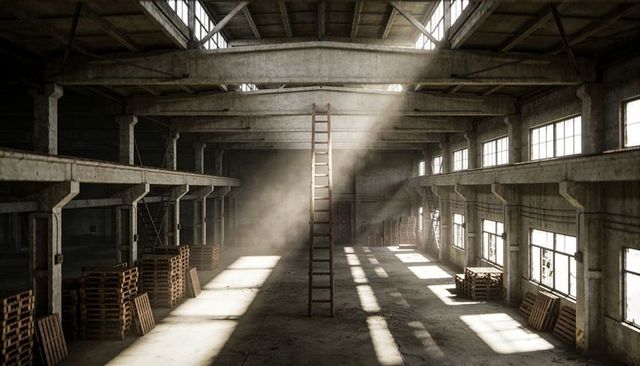 Sunbeams streaming through skylights onto ladder and pallets in empty industrial warehouse