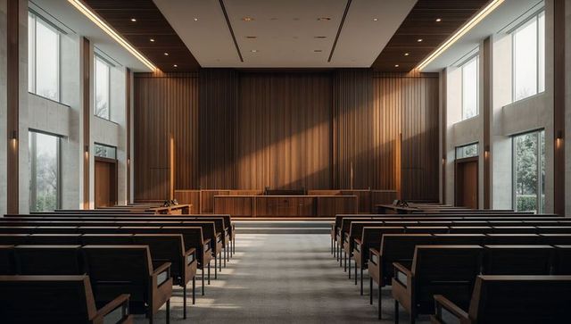 Sunlight streaming across modern wood-paneled assembly hall with central aisle and lectern