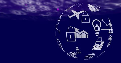 Digital icons spinning on blue binary background