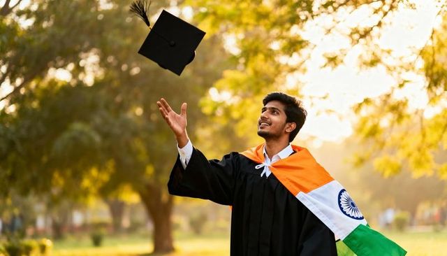 Indian graduate tossing mortarboard celebrating achievement wearing tricolor sash on campus