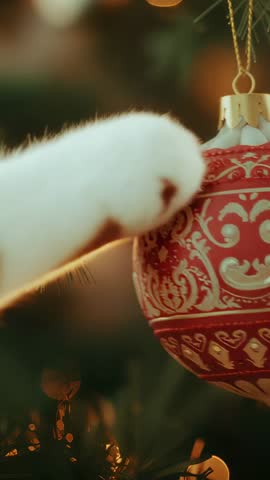 Woolen Glove Nudging Ornate Red Bauble on Pine Branch Under Warm Holiday Lights Vertical Clip