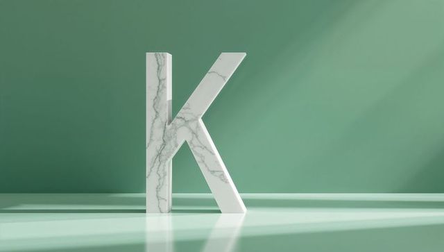 Marble 3d letter k on glossy green surface