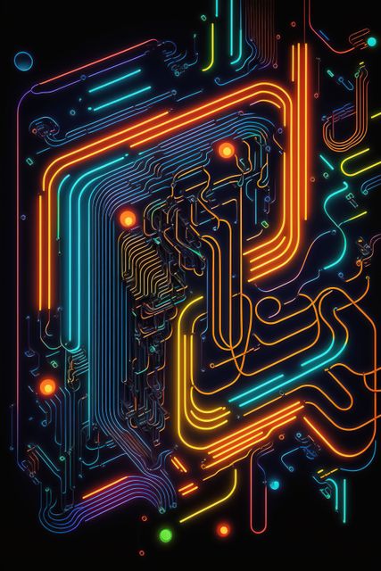 Image of computer circuit board and blue orange light trails on dark background. Computing and data processing concept created using generative ai technology.