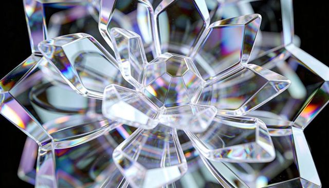 Iridescent faceted crystal flower refracting rainbow light macro closeup black background