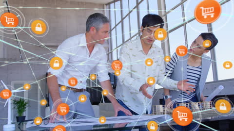 Global Team Analyzing Logistics with Digital Overlay in Modern Office