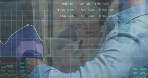 Man Pointing at Interactive Glass Dashboard Showing Financial Charts and Collaboration