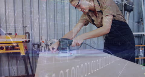 Industrial Workshop with Digital Overlay of Data Statistics