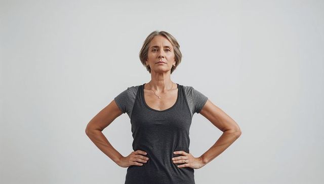 Confident middle-aged woman standing hands on hips neutral studio portrait professional