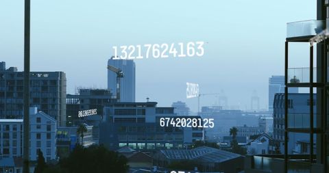 Dynamic numbers over urban cityscape representing digital technology