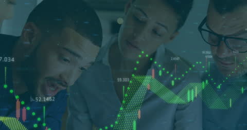 Business Team Analyzing Futuristic Data Visualizations