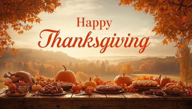 Rustic Thanksgiving Feast on Wooden Table Featuring Pumpkins Turkey Pies Autumn Landscape