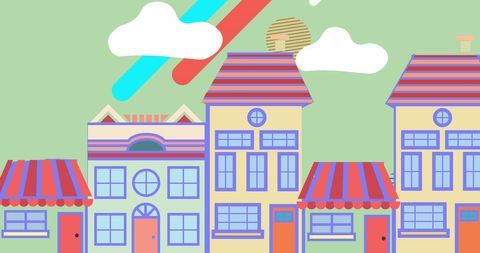 Colorful Urban Art with Geometric Sky Elements