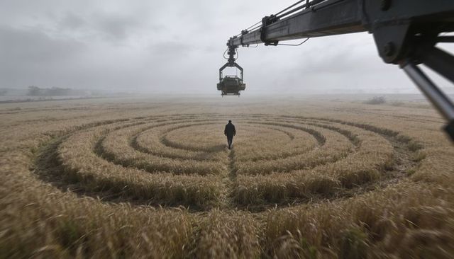 Walking figure approaching concentric wheat circles with suspended crane cabin overhead in mist