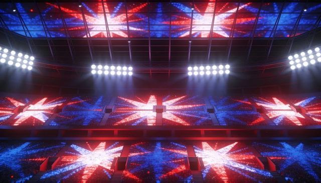 Stadium led displays featuring union jack starburst lighting spectacle and arena floodlight