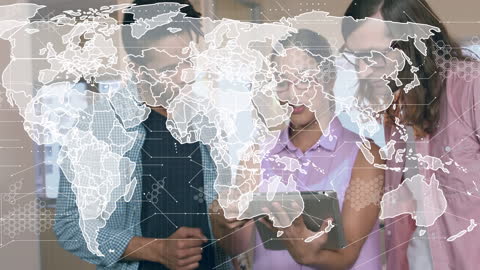 Diverse Team Discussing Global Data on Tablet