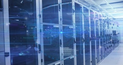 Modern datacenter aisle with digital overlay in server room