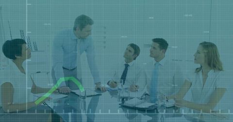 Confident Leader Guiding Team in Futuristic Meeting Space