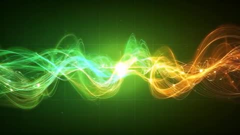 Flowing Neon Waveform Animation Loop with Green to Gold Gradient and Pulsing Energy Flare