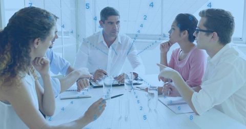 Team lead facilitating collaborative meeting with overlay grid and data visualization