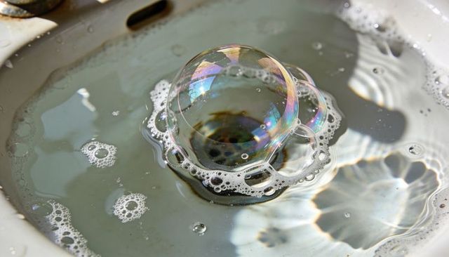 Floating iridescent soap bubble reflecting rainbow light over ceramic sink with foam ring