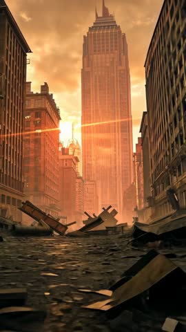 Vertical descent through ruined avenue toward glowing skyscraper in post-apocalyptic city