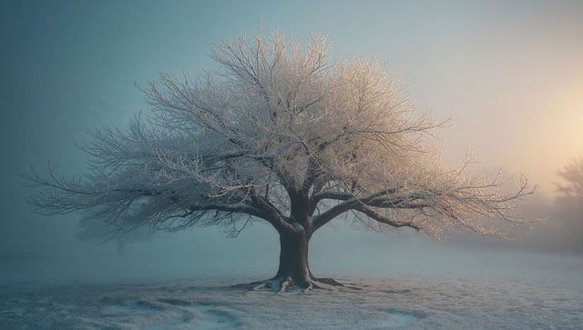 Solitary frost-coated tree in misty winter dawn light