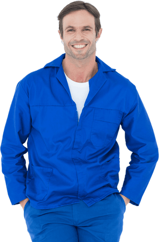 Transparent Smiling Mechanic in Blue Uniform with Hands in Pockets - Download Free Stock Videos Pikwizard.com