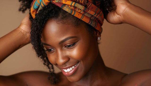 Smiling woman adjusting patterned headwrap, warm skin glow, close-up beauty portrait