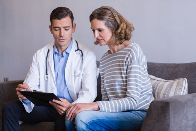 Doctor and patient sitting on a couch, discussing a medical report. Ideal for use in healthcare, medical consultation, patient care, and health checkup contexts. Suitable for illustrating doctor-patient interactions, medical advice, and professional healthcare services.