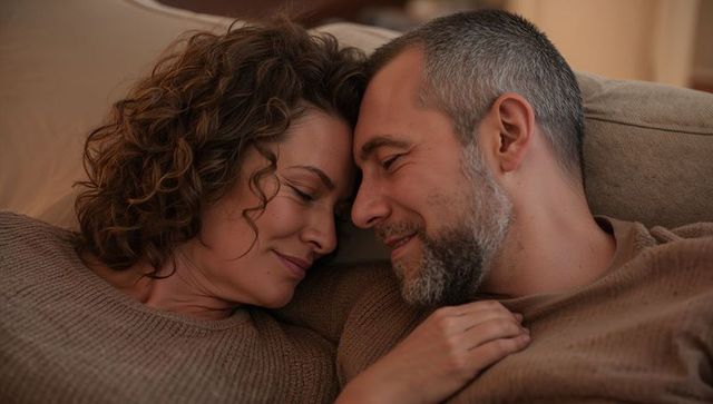 Midlife couple cuddling on sofa in cozy knit sweaters, intimate home romance and warmth
