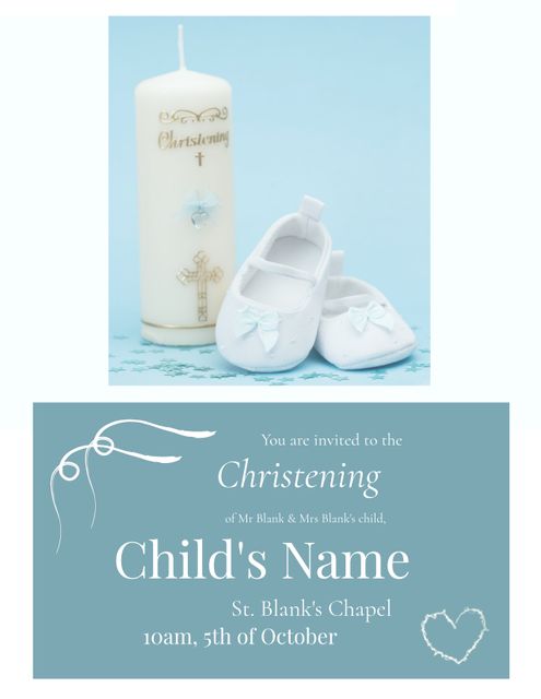 Christening invitation featuring baby shoes and candle symbolizes new beginnings. Ideal for religious ceremonies, family invitations, baptism announcements, and special celebrations. Perfect for marketing christening services or baby-related products.