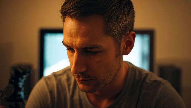 Thoughtful man working late in home studio with microphone and warm monitor glow, contemplating idea