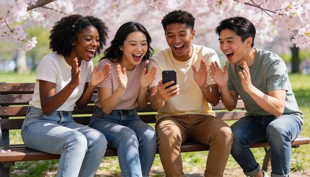 Friends laughing on park bench under cherry blossoms sharing smartphone spring joy